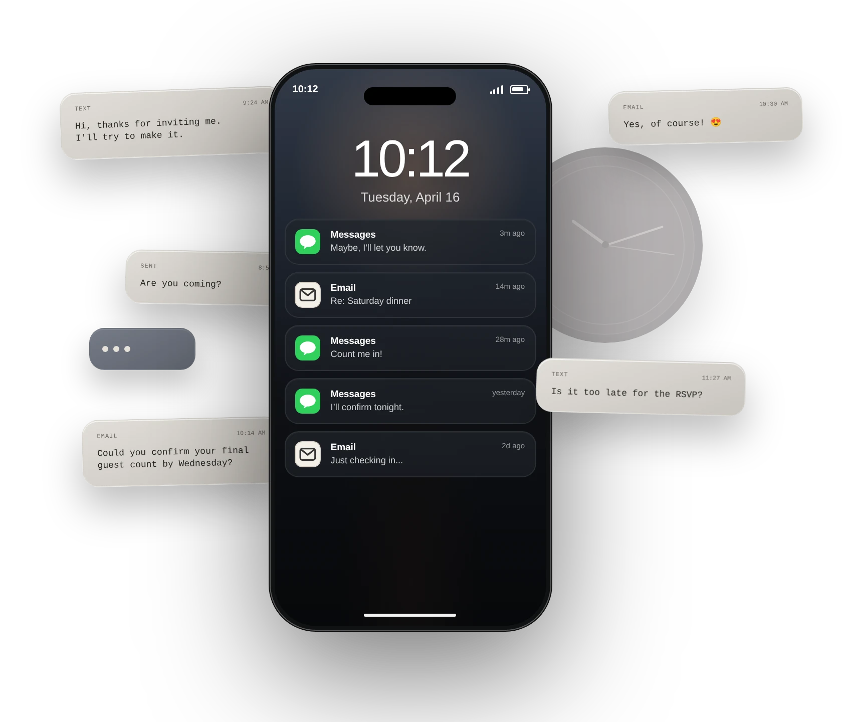 A phone surrounded by scattered text and email replies, showing the chaos of tracking RSVPs across messages.